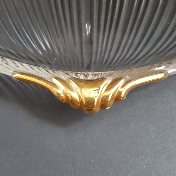Vintage Glass Ribbed Serving Platter Gold Handles - Picture 4 of 7
